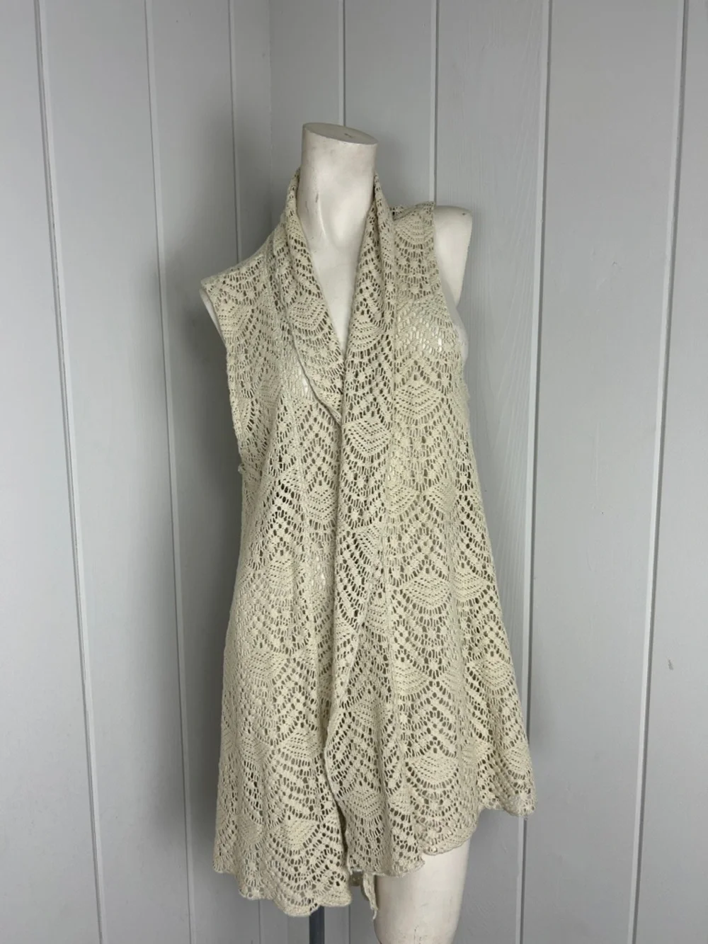 Katie Todd Boho Crochet Lace Open Front Vest Cardigan Large Ivory Festival